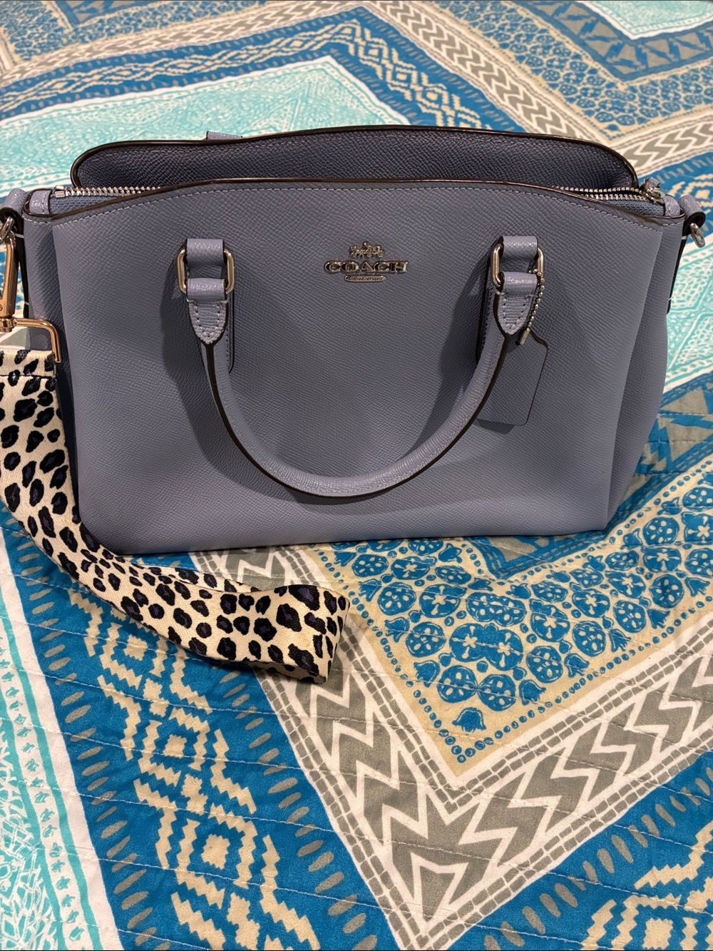 Coach Pebble Leather Satchel in Light Blue with Leopard Strap